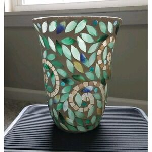 Retired PartyLite Vine Hurricane Mosaic Glass Candle Holder Green Blue Yellow